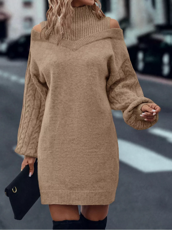 Women Half High Neck Off-Shoulder Long Sleeve Knitted Dress