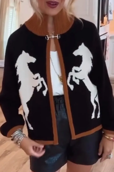 Ladies Patchwork Printed Casual Knitted Cardigan