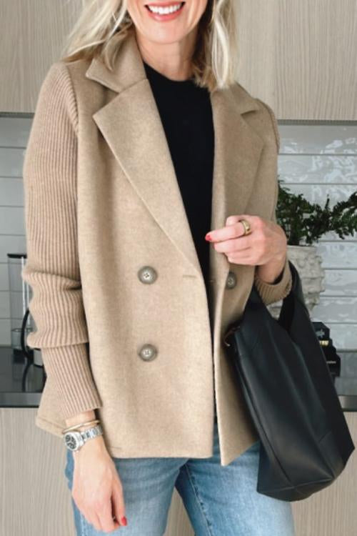 Women's Lapel Button Knitted Sleeve Casual Coat with Two Side Pockets