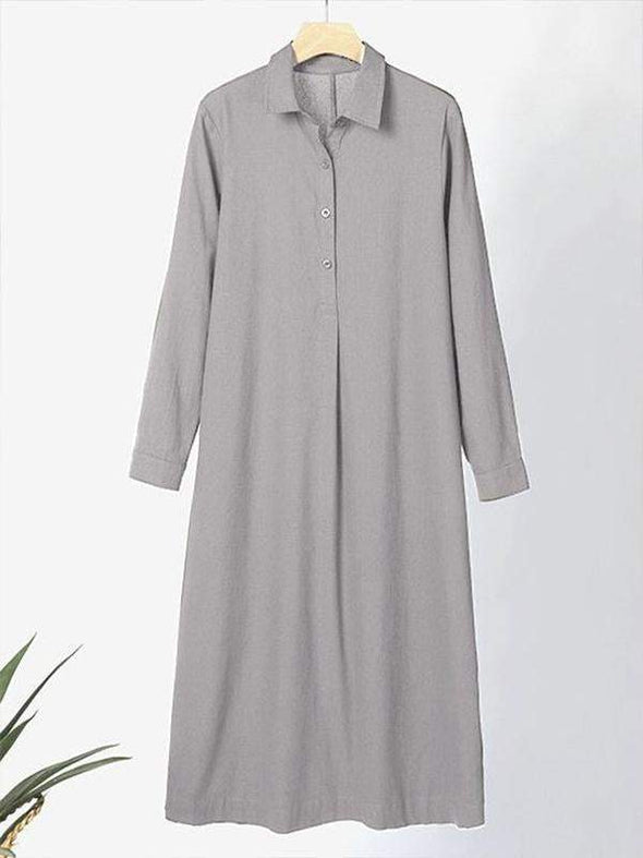 Women's Cotton Lapel Long Sleeve Long Shirt Dress